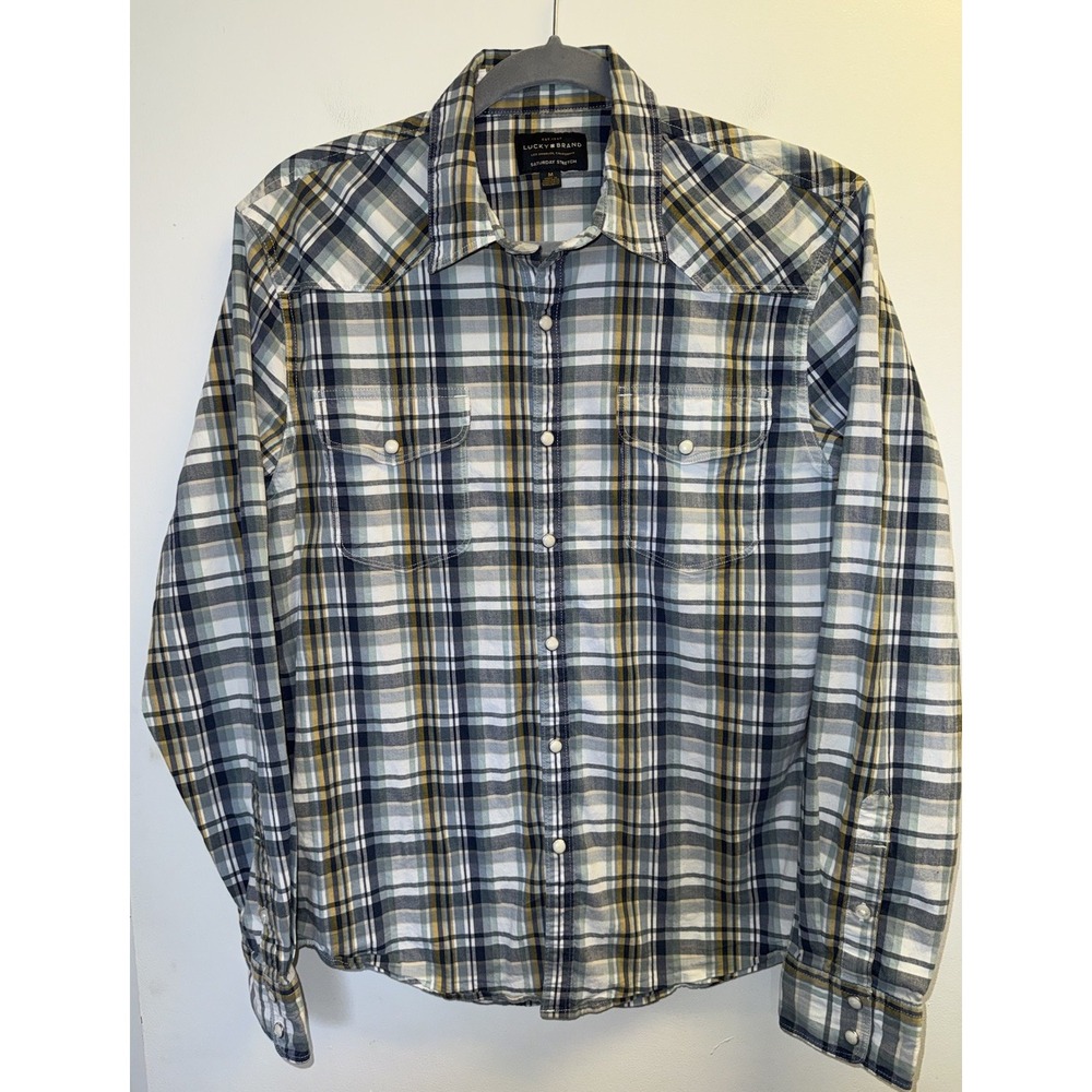 Lucky Brand Shirt Pearl Snap Size M Saturday Stretch Blue Plaid Mens Western